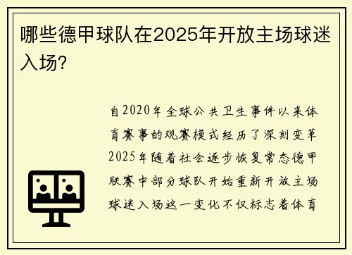 哪些德甲球队在2025年开放主场球迷入场？